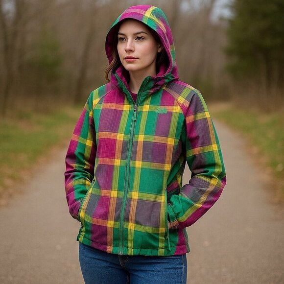 The North Face Women Jacket Size Large Colorblock Hooded Plaid Outdoor Y2K Core - Picture 3 of 16